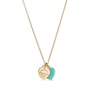 Mini Double Heart Tag Pendant Yellow Gold Blue